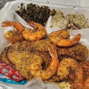 2 fish tilapia, 6 shrimp and rice